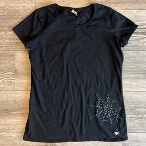 Hyde & EEK! Womens Short Sleeve Crewneck Cap Sleeve Halloween Spider Web T-Shirt